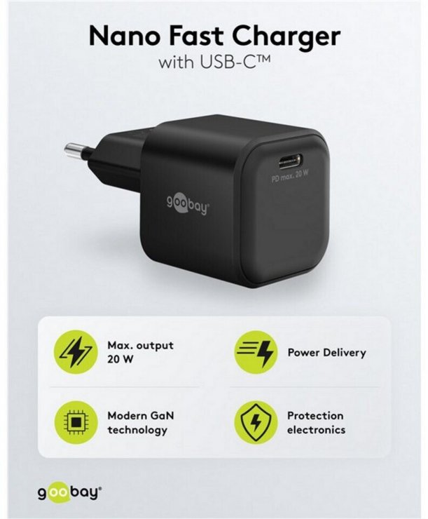 Imagine Incarcator priza 1 x USB type C 20W PD GaN Negru, Goobay G76690